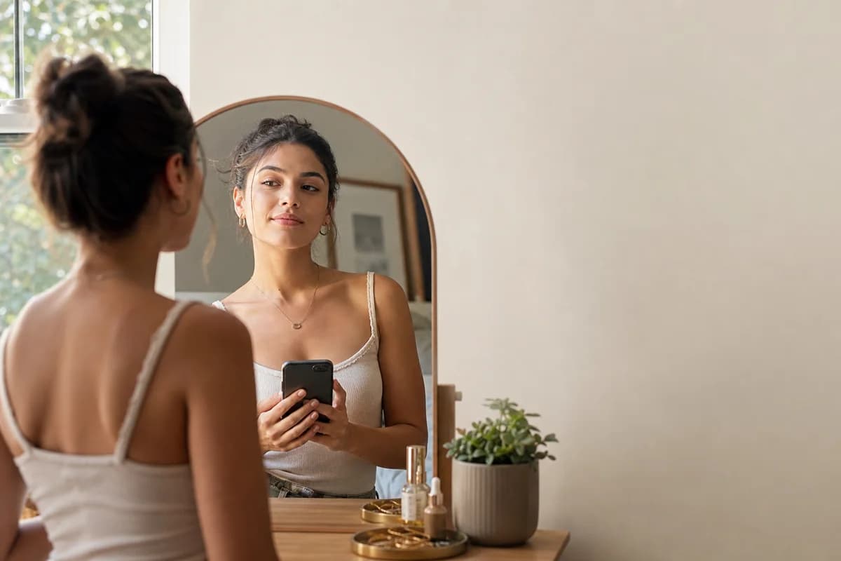 Person looking at themselves in a mirror while holding a phone in soft daylight