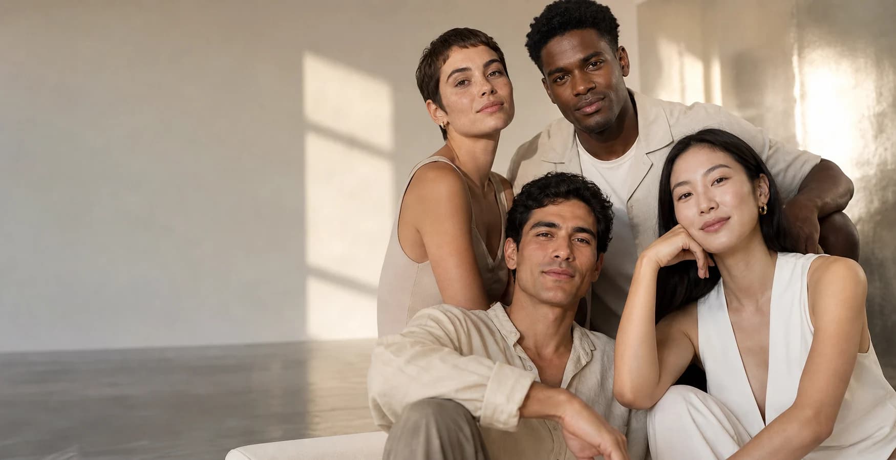 A polished group of confident adults in a bright beauty editorial studio